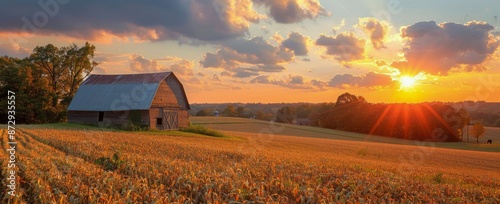 Golden Cornfield Sunrise Over Rural Farmhouse