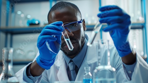 Science, test tube, and black man with liquid for research, medical exam, and sample analysis in lab. Healthcare, biotechnology, and male scientist thinking about liquid vial