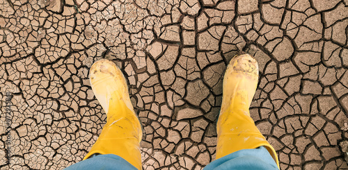 A pair of yellow boots standing on parched, cracked earth, symbolizing drought or dry conditions