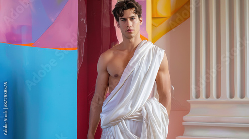 Handsome Man in White Toga Against Colorful Background