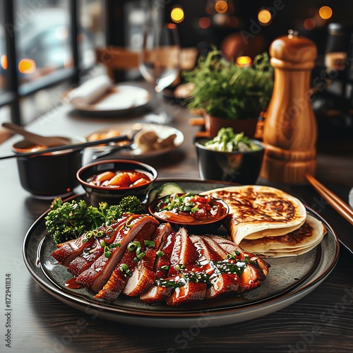 A delicious and authentic Peking duck dish is served on a plate with traditional accompaniments -Chinese