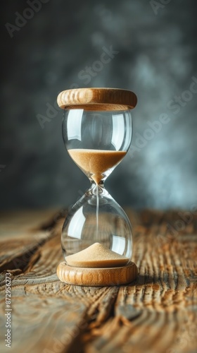 Elegant hourglass with fine yellow sand on a rustic wooden surface against a blurry grey background representing the passage of time in a beautiful and striking manner