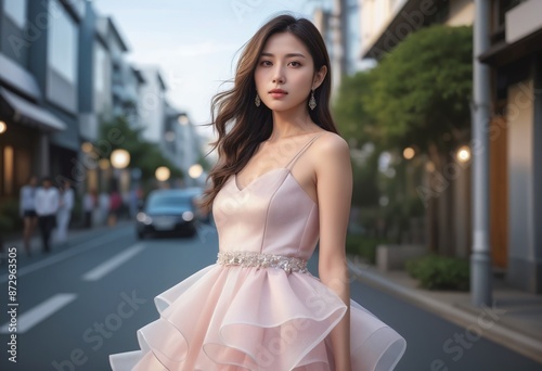 Portrait of beautiful japanese young model wearing luxury organza dress on street