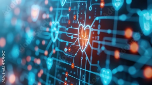 A visual representation of a secure blockchain network with interconnected nodes and a medical cross, symbolizing the integration of blockchain in healthcare.