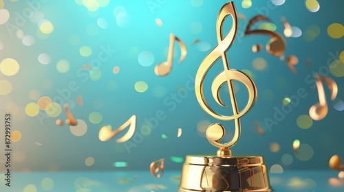 a golden musical note on a pedestal on a white background, award