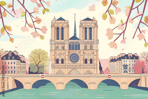 Risograph riso print travel poster, card, wallpaper or banner illustration, modern, isolated, clear and simple of Notre-Dame Cathedral, Paris, France. Artistic, screen printing, stencil digital duplic