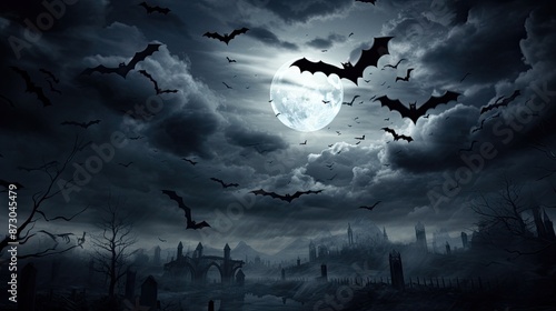 Spooky moon in cloudy sky with bats Halloween night