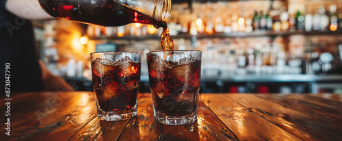 Cola with ice. Close-up of ice cubes in cola water. Texture of a carbonated drink with bubbles in the glass. Cola soda and ice splash fizzy or float on the surface. Cold drink background. A glass 