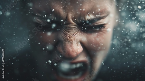 Close-up of a person screaming in frustration, surrounded by particles, portraying intense emotion and stress.