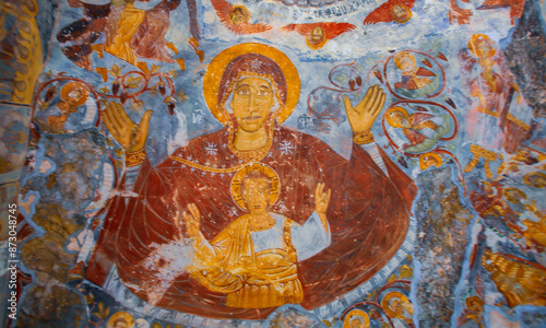 Sumela monastery courtyard under the rock. Remains of old fresco are seen on several walls.Macka, Trabzon,