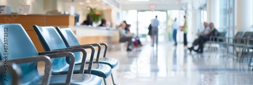 Blue chairs in a hospital waiting area with patients in the background. Clean and organized medical environment