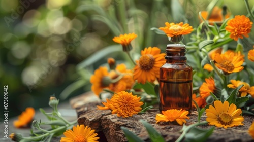 Selective focus on calendula extract medicinal plant