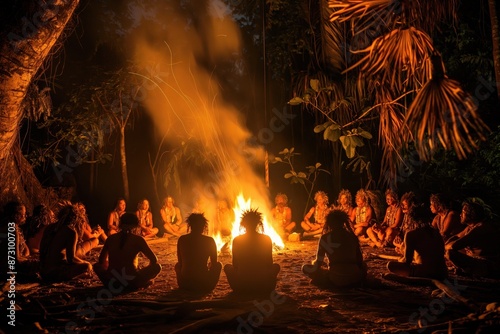 a group of people sitting around a fire in the jungle at night