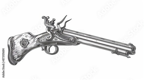 The medieval firearm shotgun pistol with trigger is an isolated firelock rifle from a gunnery arsenal, a monochrome sketch icon of a musket duel gun weapon used by pirates and cowboys and an ancient