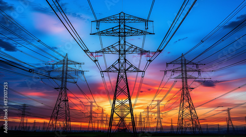 Power Transmission Lines Silhouetted Against Vibrant Sunset Sky