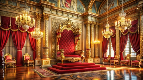 Majestic golden throne sits atop rich red velvet carpet amidst ornate tapestries and lavish candelabras in a grand opulent hall.