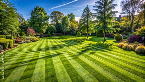 Emerald green lawn with freshly mowed grass striped in neat patterns and slight shadows under a sunny sky.