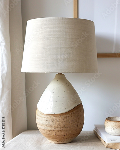 Handmade ceramic table lamp using glazed pottery material. Lampshade is made of fabric.