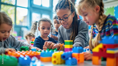 A woman is helping a group of children play with