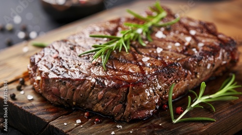 Close up view of fresh rib eye steak on wooden board displaying meat s juicy texture