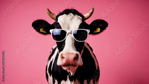 A black and white cow with white sunglasses stares directly at the camera with a serious expression. The background is a bright pink color