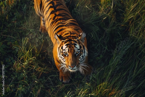 A majestic tiger freely roams in its natural habitat, surrounded by lush greenery and serene landscape. The aerial view captures the beauty of the tiger's domain.