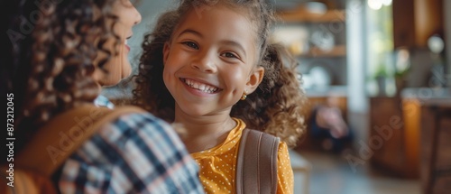 In a welcoming and bright room, a young girl smiles happily while a helpful woman aids her in opening her backpack The girl joy and anticipation are evident, reflecting the supportive and loving