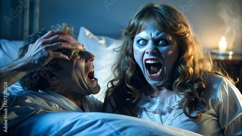 exorcist holding yelling female demon in bed