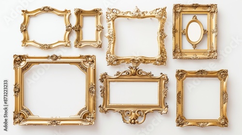 Antique gold frames on white backdrop Artistic gallery layout for banner