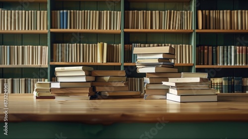 Books and textbooks on wooden desk in library Piles of books on reading desk in school Copy space for text World book day and education concept