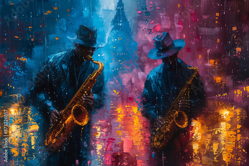  Jazz concept with city light background, broad brushstrokes, vivid and expressive abstract painting.