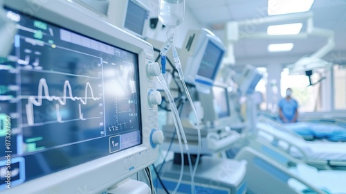 Medical monitoring equipment in a modern hospital intensive care unit with blurred background of a healthcare professional.