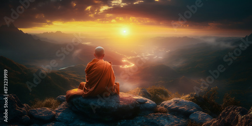 Buddhist monk in spiritual Meditation on the top of mountain at sunset