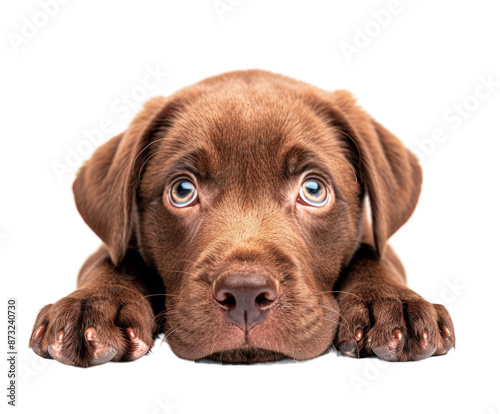 Cute puppy with head resting on paws, isolated on white.