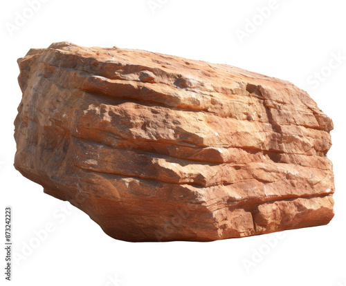 Large rock formation in desert landscape on white background..