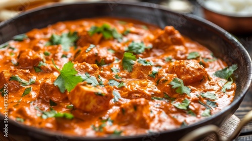 Close-up of a rich and creamy bowl of paneer butter masala with chunks of cottage cheese