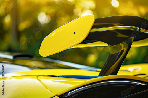 Close Up of Yellow Sports Car Rear Spoiler in Sunlit Outdoor Setting