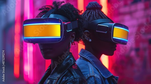 Two individuals standing back to back, equipped with glowing VR headsets, amidst a colorful neon lighted outdoor urban setting, merging technology and reality seamlessly.