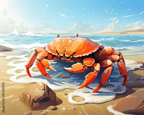 Crab scuttling sideways flat design top view beach theme cartoon drawing vivid