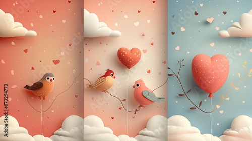 Whimsical romantic patterns featuring lovebirds, heart balloons, and dreamy clouds. , Minimalism,