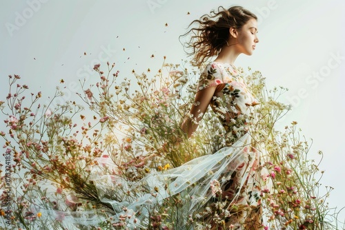 A woman stands amidst a field of wildflowers, her flowing dress adorned with delicate blooms. The light breeze gently moves her hair and skirt, creating a sense of ethereal beauty