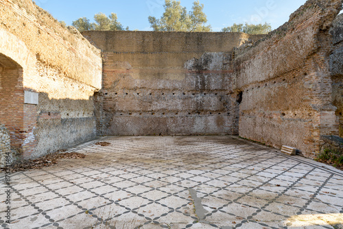 Hadrian's Villa (Villa Adriana; Villa Hadriana) - The Hospitalia interior and floor mosaic - villa of emperor Hadrian near Tivoli outside Rome, Italy.