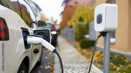 voiture électrique branchée à une borne en train de recharger à domicile