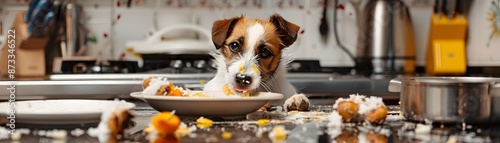 Playful dog stealing food from the kitchen counter surrounded by a mess of leftover ingredients and utensils in a home kitchen.