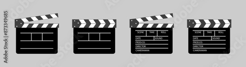 Clapper board vector icon set. Opened and closed movie clapper film clap board. Movie, cinema, film symbol concept. Director clapboard. Filmmaking, video production industry equipment.