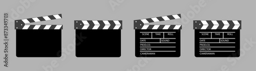 Clapper board vector icon set. Opened and closed movie clapper film clap board. Movie, cinema, film symbol concept. Director clapboard. Filmmaking, video production industry equipment. Vector icon.