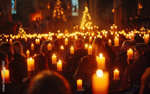 A choir sings Christmas hymns in a dimly lit church, with rows of people holding candles, their faces illuminated by the warm glow