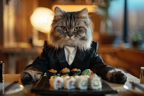 Cat in suit sitting in sushi restaurant and eating