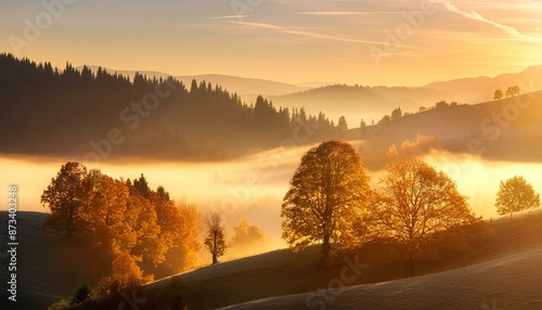 golden trees and hills in morning light at misty sunrise 