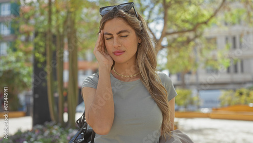 A young caucasian woman with a headache outdoors in a city park, showcasing nature and urban life.